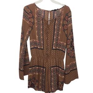 Blu Pepper Printed LS Romper Tan